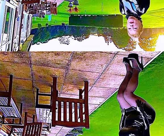 Cathy Shiny PVC Skirt High Heels Parading on Golf Club Patio