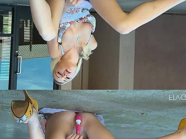 Masturbating blonde teen on couch with big toys