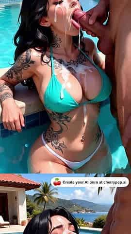 tattooed bikini babe poolside blowjob cum facial