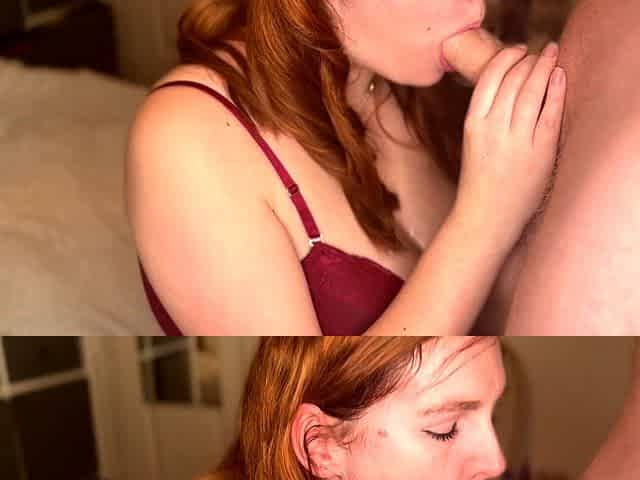 Amateur redhead handjob and a blowjob with a facial