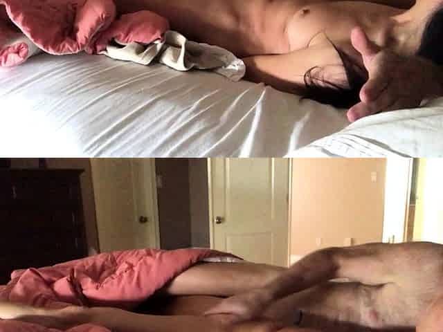 Small titted brunette teen fingering on the bed