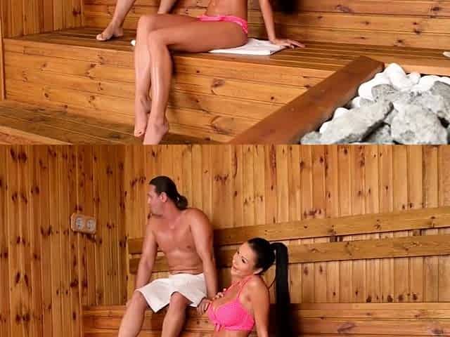 Sexy busty babe jumps on dong in sauna
