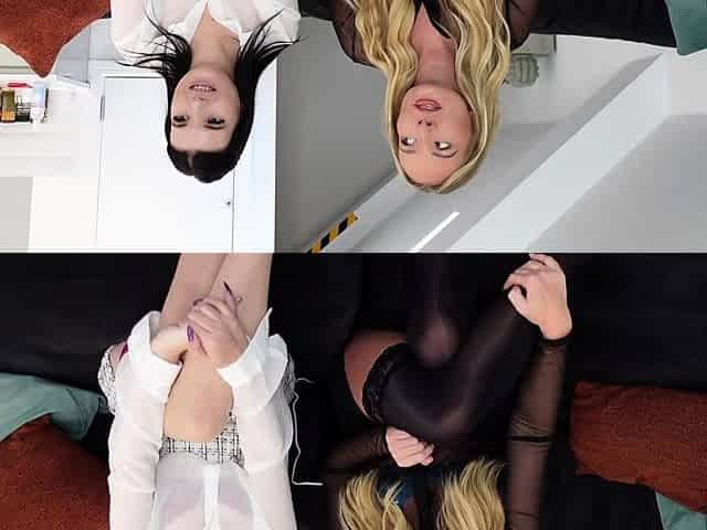 Pale blonde and tanned brunette lesbians toying and licking