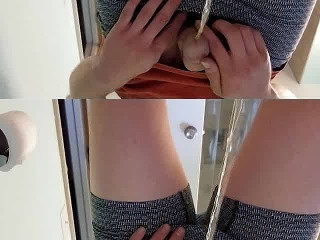 Despairing Teen pees and has an explosive cum.