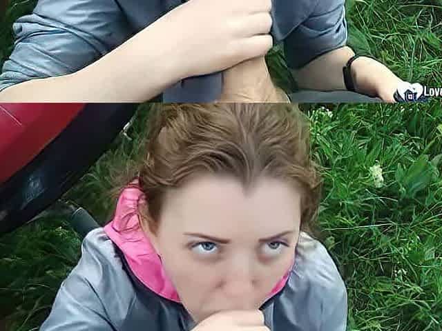 Giving head outdoors and getting my face covered in jizz