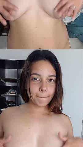 My neighbour masturbates her vagina and touches her melons.