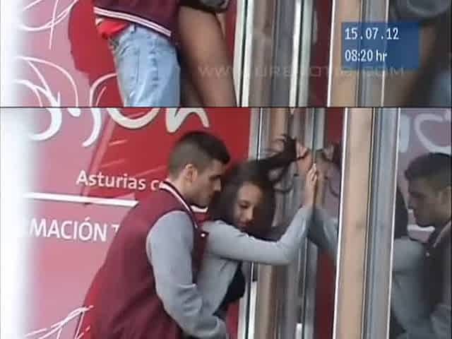 Horny Spanish brunette in short skirt and high heels fucked standing in broad daylight at the bus stop after party, humps her lo