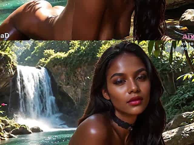 I screw a darksome-skinned cutie at a waterfall, filling her constricted vagina and butt with cum. [AI Generated]