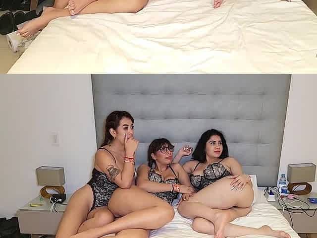 Juicy brunette bitches invite neighbor for good foursome