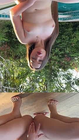 Juicy Brunette with a Big Ass Fucks Herself with a Big Dildo by the Pool