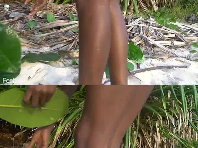 Slim Afro tribe beauty cooking medecin for her grandmother nude in forrest