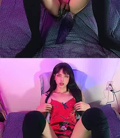 Slutty femboy masturbates and cums hard with a vibrator while playing with her nipples