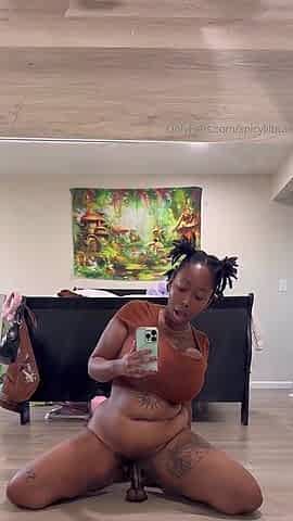 Very Horny Ebony Girl Riding Huge Dark Dildo and Cumming