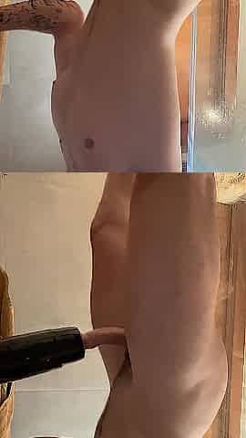 Brawny male BANGING a toy in the SHOWER and cumming all over his body