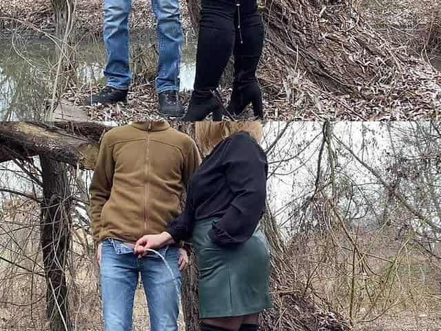 Squeezing my mother in law's fat ass in a leather skirt before she helps me pee outside