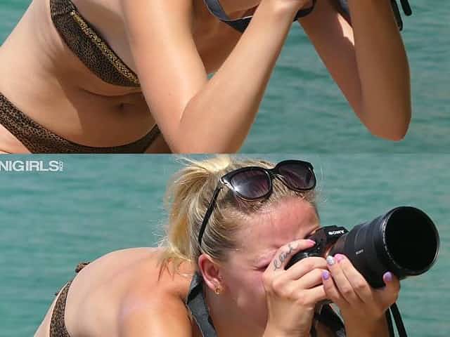 Slutty chick in bikini Charlotte P is flashing saggy small tits