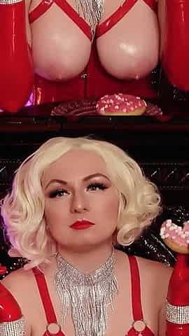 Sexy Pin up Girl Eating Donuts in Latex Gloves