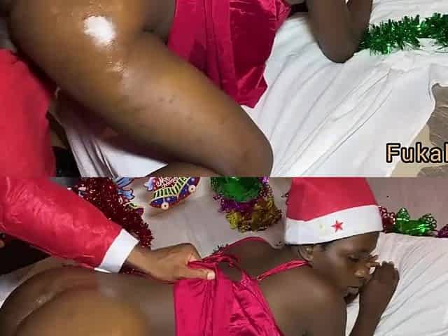 Large jock Santa Claus gave Black lustful teen surprise visit for creampie gift