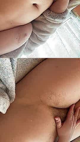 Home made movie - massaging my large tits my large abdomen and unshaved vagina