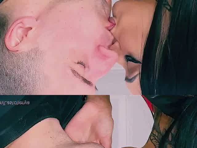 Close-up giving a kiss with a gal in a leather jacket
