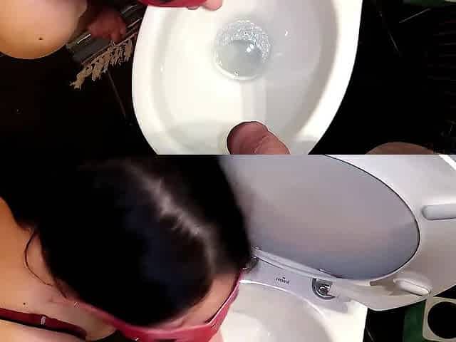 Cum slut to void urine in your throat over the lavatory bowl and stroke