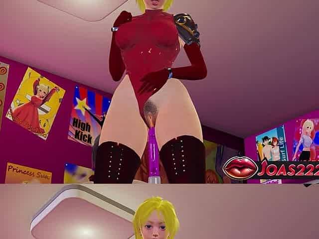 Big Tits Anime Girl in Leotard - Pink Dildo Standing Masturbation, Wet Pussy Licking from Behind in Pink Room