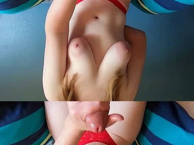 Big-Titted Teen Babe Gives POV Handjob in Red Thong