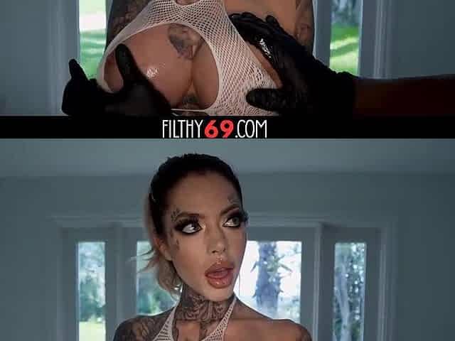 Inked whore with large boobs gets her cunt destroyed by a giant ebony penis