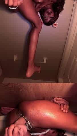 black thot plays with twat in roommates bath