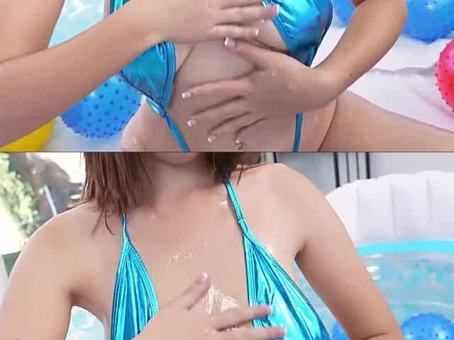 Oiled Brunette With Big Tits Rides Her Partner In A Pool Session