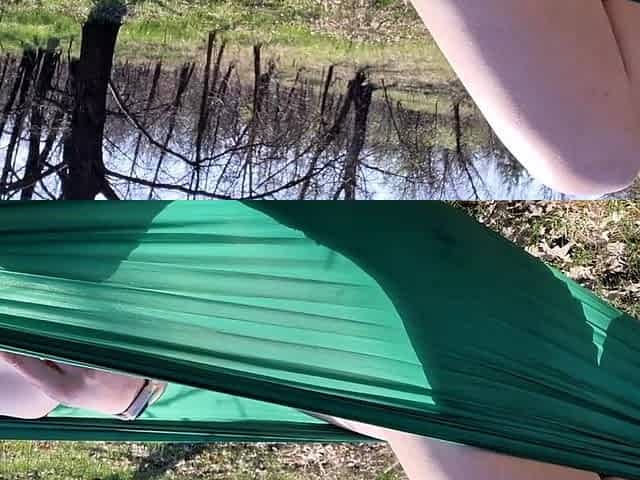Teen girl caught masturbating in a hammock outdoors.