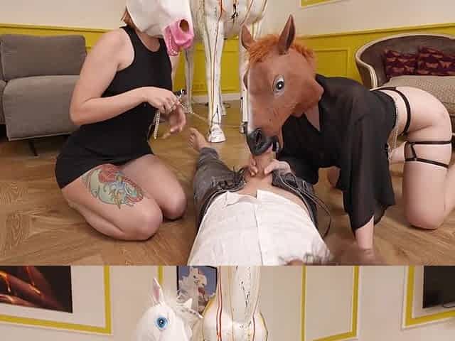 Insane Teen Slut Wears Horse Mask To Be Included In Trio