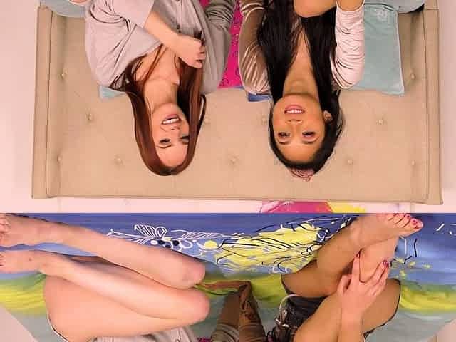 Blonde and brunette lesbian neighbors licking pussy