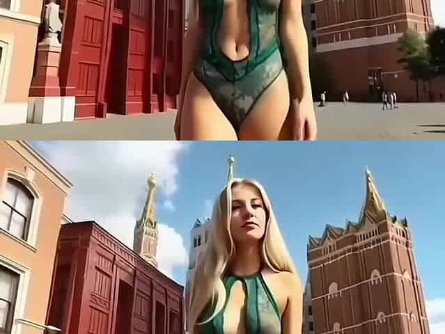 Gorgeous blond beauty walks in nature's garb throughout Moscow and gets drilled, AI-generated