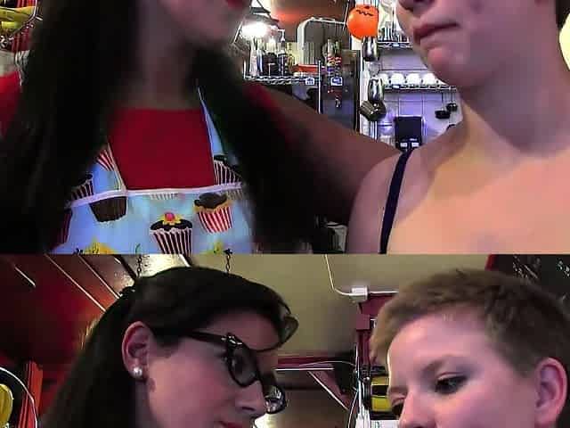 1st time youthful clerk enticed in a bakery by the lesbo boss and banged behind the counter
