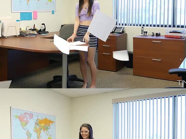 First big fat cock for petite young secretary in glasses and a mini skirt