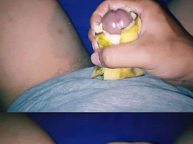Oriental solo boy stroking and rub wang with banana until jizz flow