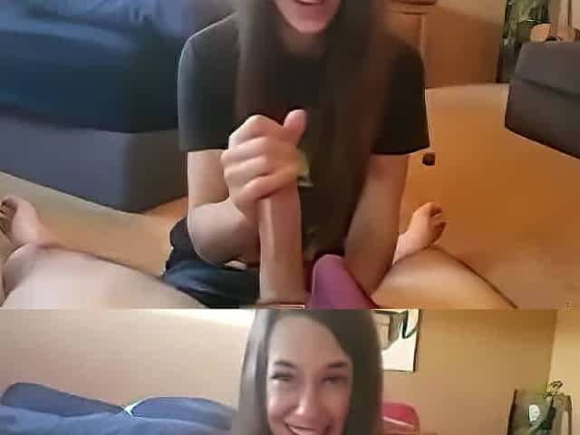 Teen makes wonderful happy face when she strokes big dick