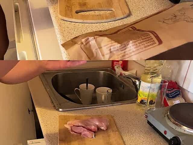 Cali is cooking topless in the kitchen