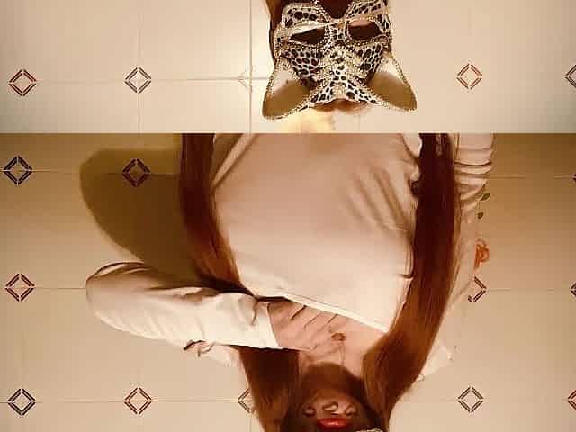 Natural redhead large natural melons with hawt cat mask