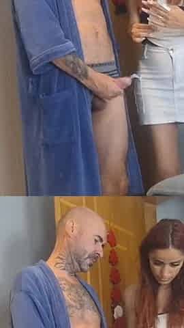 Perverted Grandpa Receives Delivery Woman with an Erection!