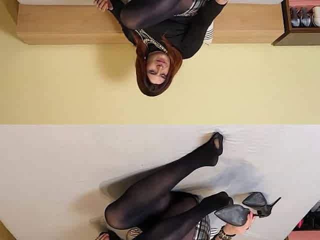 Black Opaque Pantyhose With Boots And Heels In Bed
