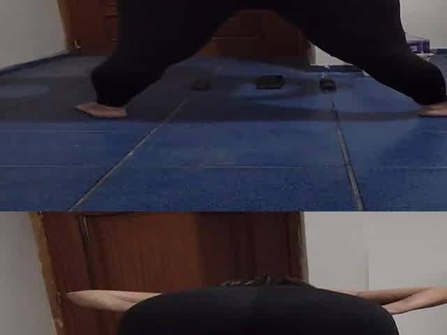 older woman exercising in sheer leggings