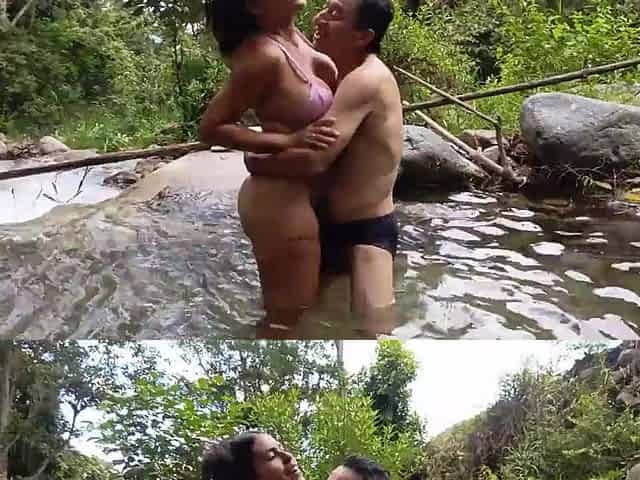 Breasty and large-booty stepmother bangs with a disgusting old pervert by the river in the countryside