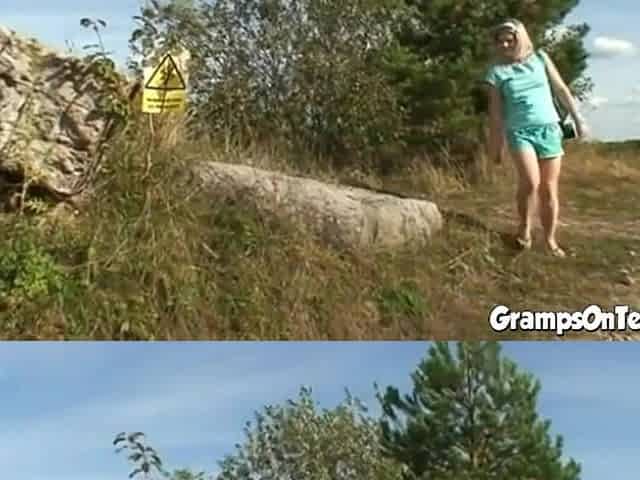 Horny blonde teen rides grandpa then eats his cum outdoors