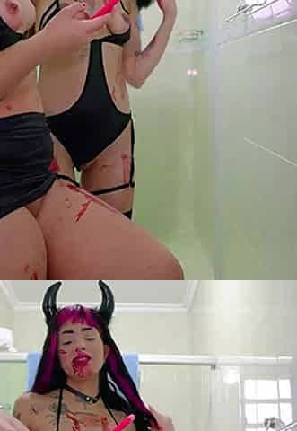 Lesbian Halloween Ends in Whoring and Woodwork in the Pussy of Hot Chicks