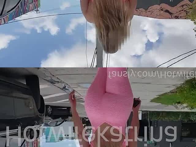 Hotwife Katrin outdoors and in supermarket in tigght pink bodysuit - Big tits