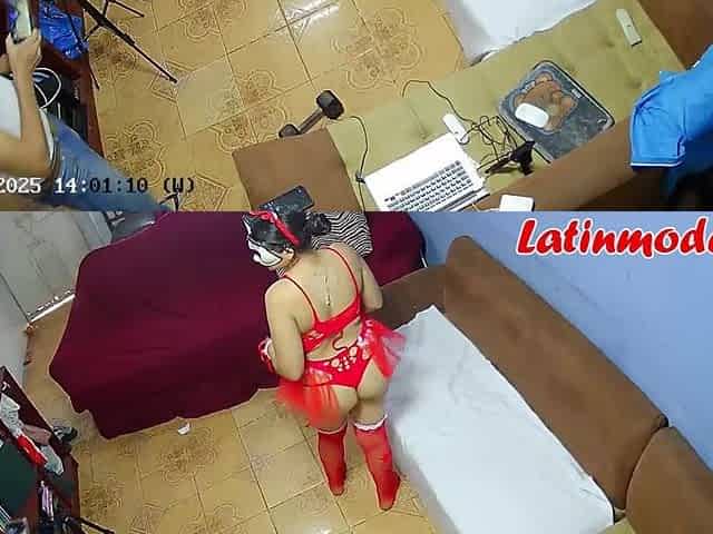 Backstage. Hawt model posing in Christmas outfit. Subscribe to see close-ups and bang