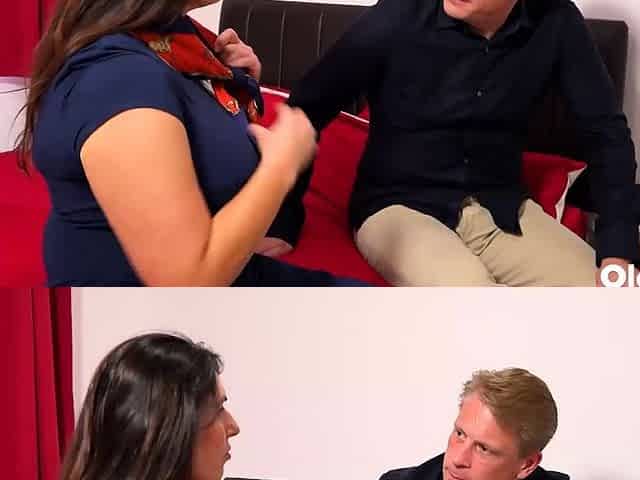 Curvy BBW In Blue Dress Kisses And Sucks Guy In Bedroom