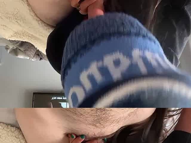 CUTE CUTIE IN BEANIE AND ANKLE SOCKS GAGS ON KNOB AND GETS DEEPSTROKED